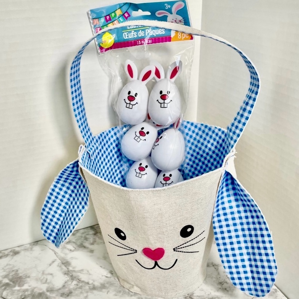 Adorable Blue Gingham Bunny Easter Basket with Eggs - Picture 1 of 10